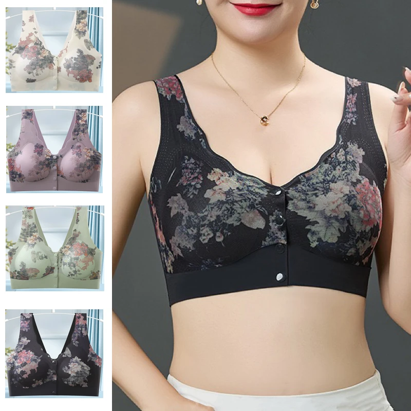 kf-S13cded12fb0a4a748810ee1b91187853v 2pcs Women Ice Silk Comfortable Front Button Bras Lady Fashion Vest Brassiere Women's Wireless Underwear Female Printed Lingerie
