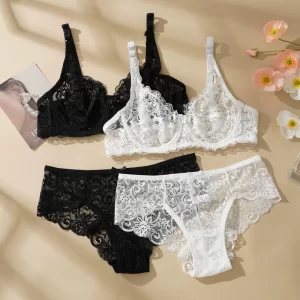 kf-S186d93107ac6447c8f939d5f621daea8Y Sexy Lace Bra Panty Set for Women Hollow Non-padded Ultra-thin Underwire Push-up Bra Cup B/C 34-40 Size