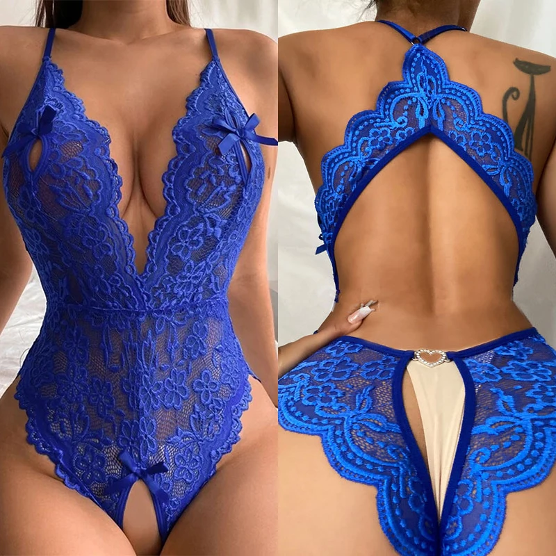 kf-S1d1538dbaf7b447bbdeb05fdb2dc26aeL One-Piece Open Bra Blue Crotchless Lingerie For Sex Lace Transparent Underwear Bodysuit Erotic Underwear Set Lenceria Mujer Sexi