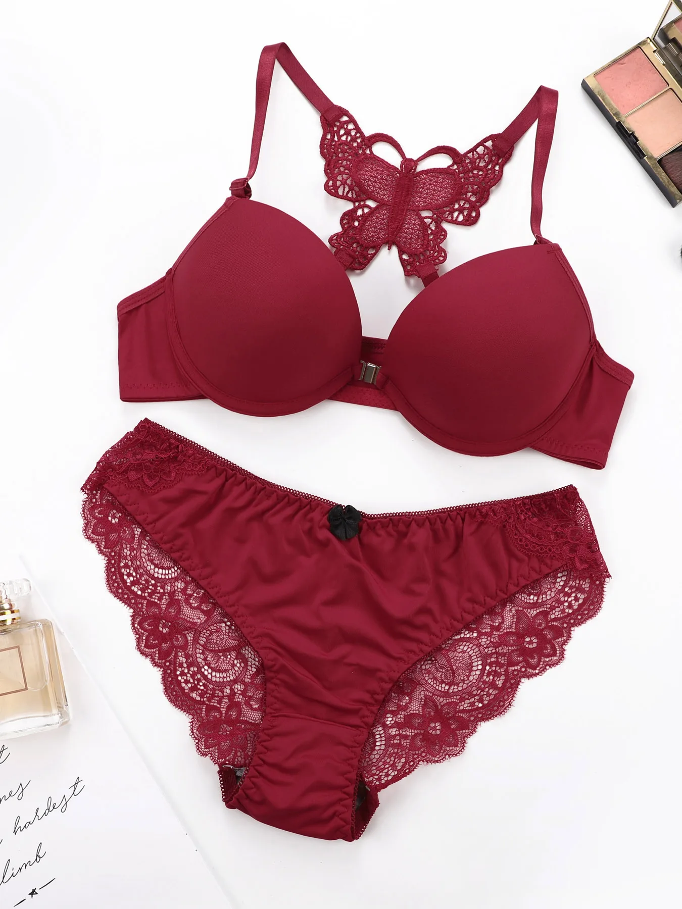 Hot selling 2-piece set of sexy red front button braissere beautiful back butterfly fashion bra push up women's set