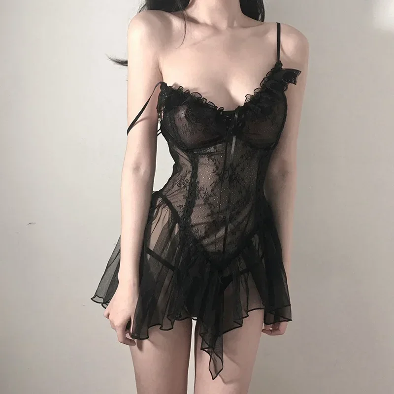 kf-S493179afdd054468921b161e4c48fea9U Sexy Lingerie Black Lace Short Nightdress Women Perspective Underwear Suspender Slim Dress Lolita Exotic Costume For Sex Suit