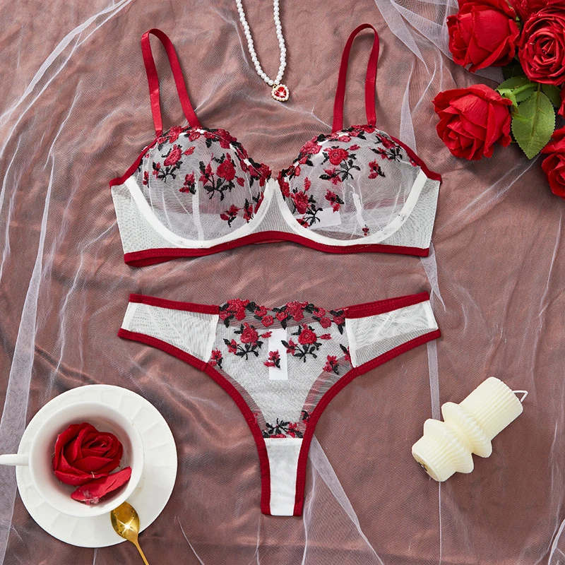 kf-S6a5e18e106ec4b14a9625efb18f36754s White And Red Contrast Sexy Lingerie Women Embroidery Floral Ultra-thin Exquisite Transparent Underwear Bra Set Erotic Costumes