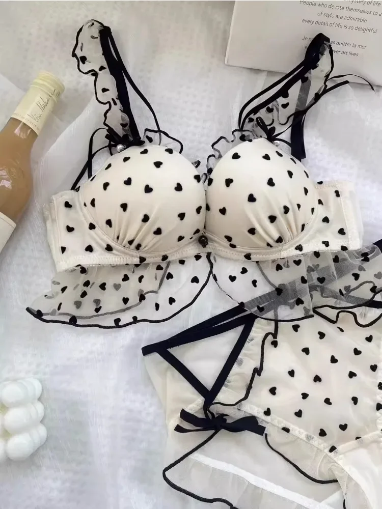 kf-S71d8ac0cf8ee498ea46c32d691d934efh DearLingerie Japanese Mesh No-wire lace Underwear set Women's small breasts gather sexy pure desire sweet bra cute bra