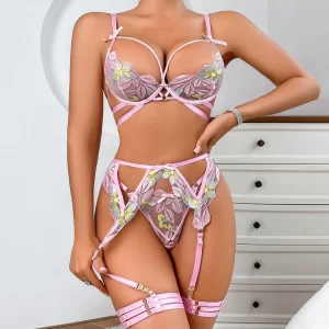 kf-S759a9a14495f4bc48753168d8f3825e2C Women's Sexy Lingerie Delicate Flowers Embroidered Lace Gathered Bra Set Hollow Backless Erotic four-piece Set