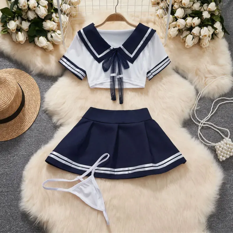 kf-S7811fe4c4e0a4fee95cf763fedd6caaef Cosplay Sexy Lingerie Set Women's 2 Piece Nightgown Student Uniform Set Short Top Crotchless Dresses Erotic Bra Nightdress