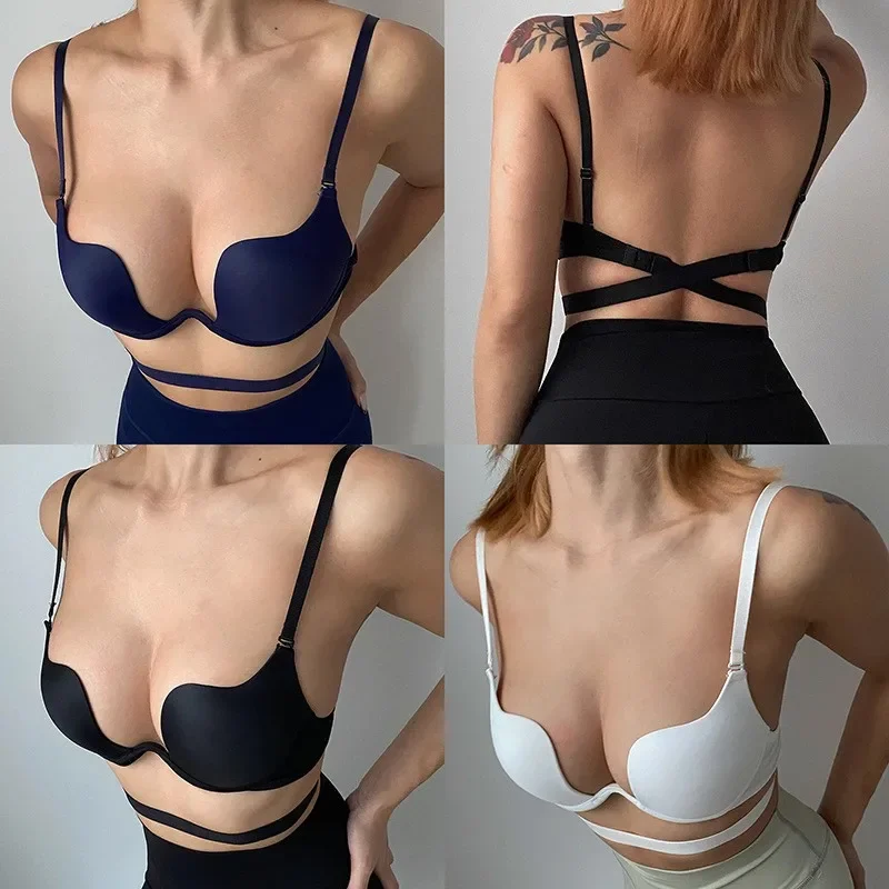 kf-S7f591ada3e6440c08d91fe0f41dfdd622 Summer Backless Bras Women Invisible Deep U Lingerie Sexy Crossband Underwear Low Cut Push Up Open back Bra Intimates Female Bra