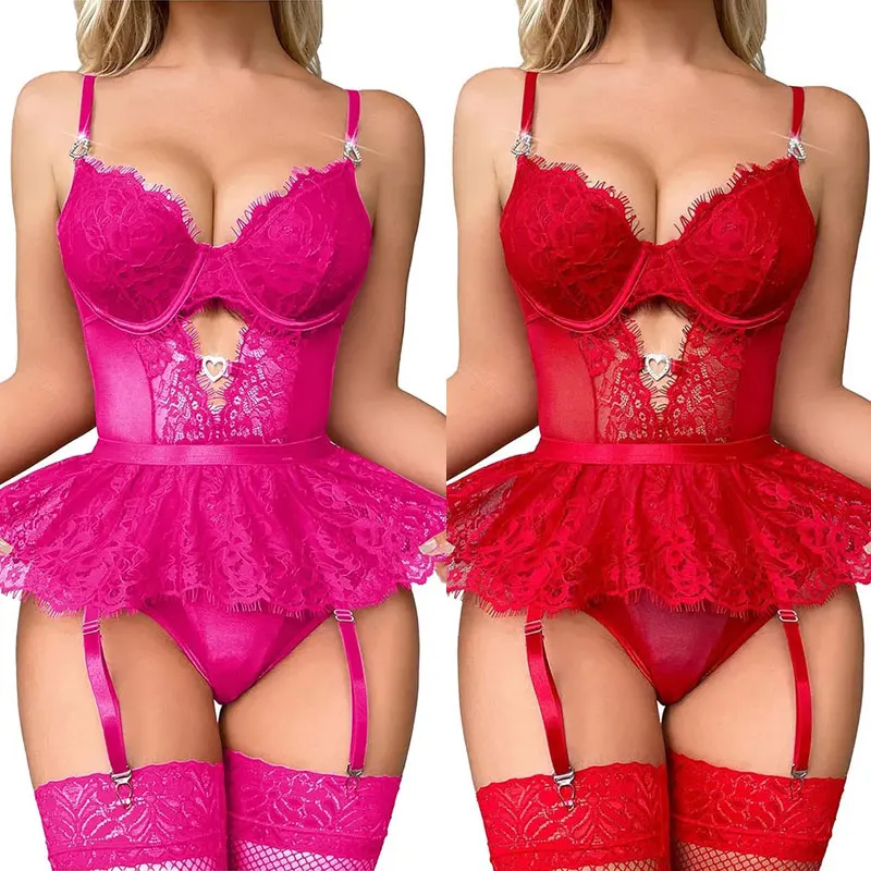 kf-S88275af319744b18a4decdb7e650dfc8l Underwire Bra Lingerie Women's Mesh Steel Ring Bra Lace Garter Belt Thong Sexy Set Erotic Underwear Suits Sissy