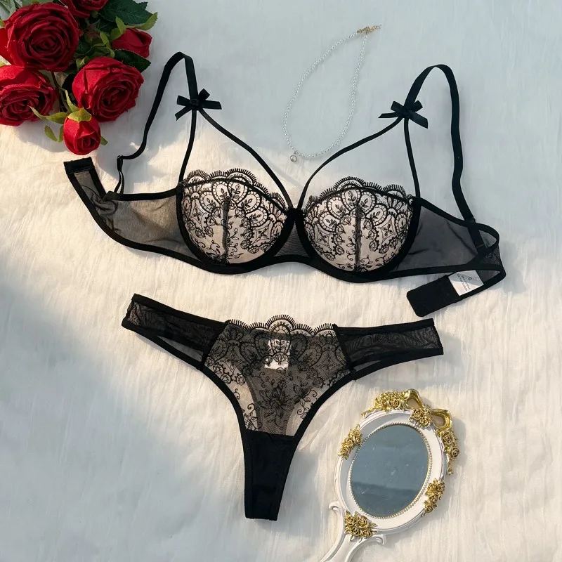 kf-S8c861cc1d6024eebb24810e44eae8655b 2pcs Women's Bra Set Sexy Lace Mesh Lingerie Set Ultra Thin Breathable Comfortable Lightweight Bow Semi Transparent Lingerie Set