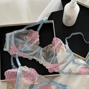 kf-Sa70c4235f7e740c9900e6502d9071a77H French Sexy See Through Mesh Bra Set Underwire Minimizer Lingerie Embroidery Tushy Cover Large Bust Looks Small MOYISU Sexy Bra