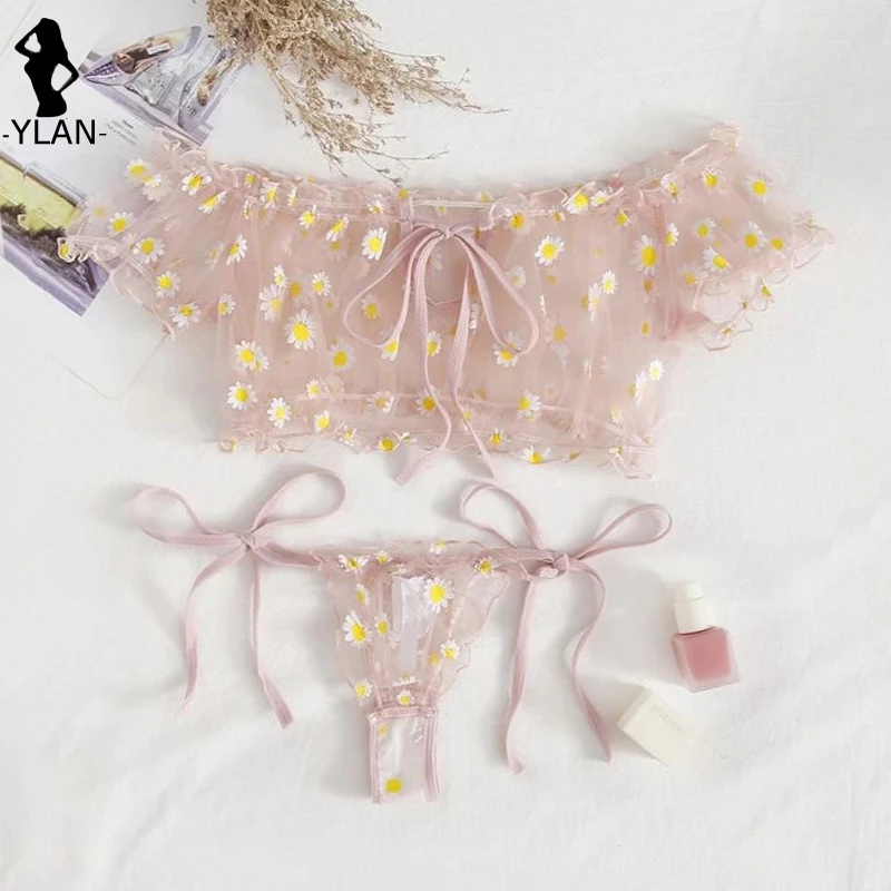 kf-Saa4f2f9f740f4dda8e6e79b2f7d5eb1cv Wire Free Lingerie Set Off-Shoulder Sexy Women's Underwear Small Chest Bralette+Thong Lace Swimsuit Beachwear New Flower Bra Set