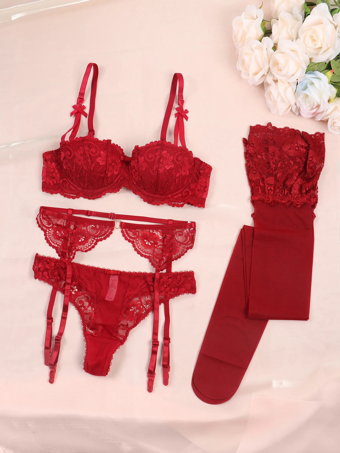 kf-Sad12d9a2d05a45579031d178a520820aC CYHWR Lace Sexy Black/Red Underwire Bra Set Underwear Half Cup Bra+Garter+Thong+Stockings 4PCS