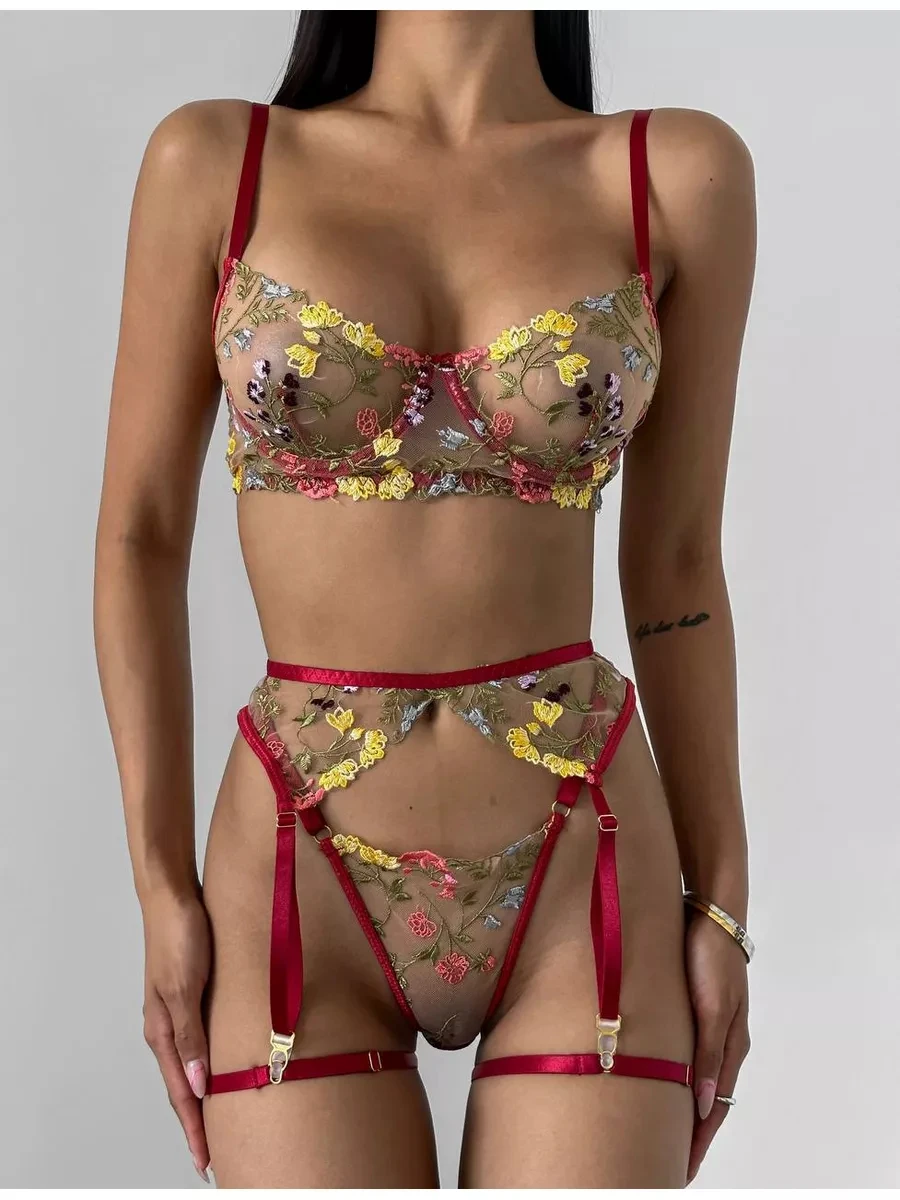 kf-Sc98bb3e7b4a04418b77f3bc0ae83fc181 Women 4-Piece Floral Bra And Brief Underwear Set Mesh Embroidery Patchwork Sexy Lingerie Set With Garter Erotic Intimate Suits