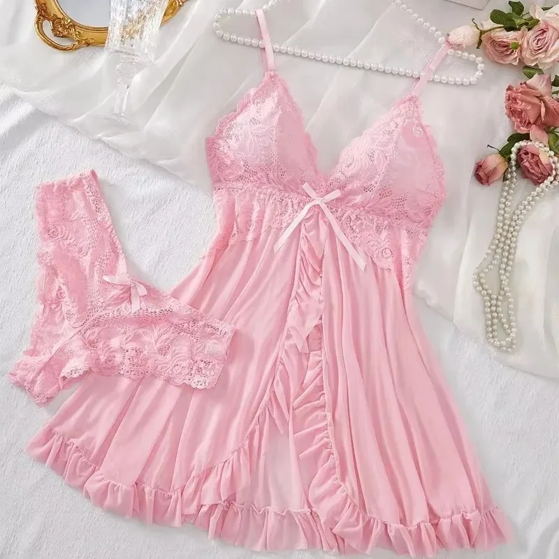 kf-Sd4a41836022746aabab15dcfc30c8c10s Sexy Lingerie Set Women Erotic Bra Nightdress Sexy Lace Sleepwear Solid Slim Soft Dresses V Neck Full Slip Sleepwear & Dresses