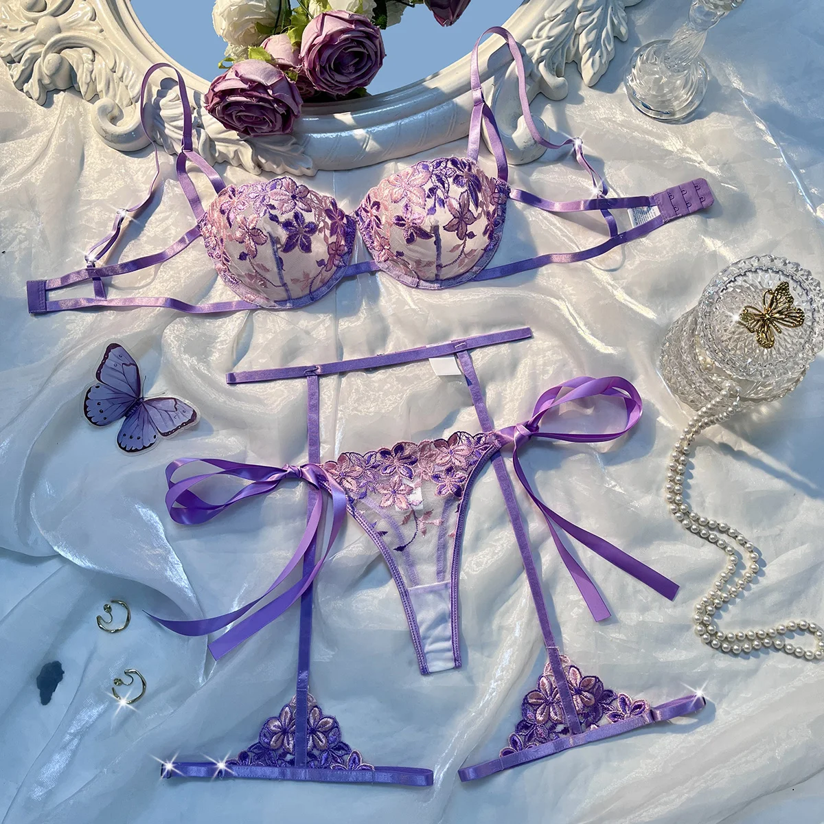 kf-Sfca9d9ce70d34e21af6ba9a588c1ef3cb 3 Piece Set Strap Steel Support Sexy Tie Underwear Lace Embroidered Flower Intimate Apparel Tight Bustier And Thong Ensemble